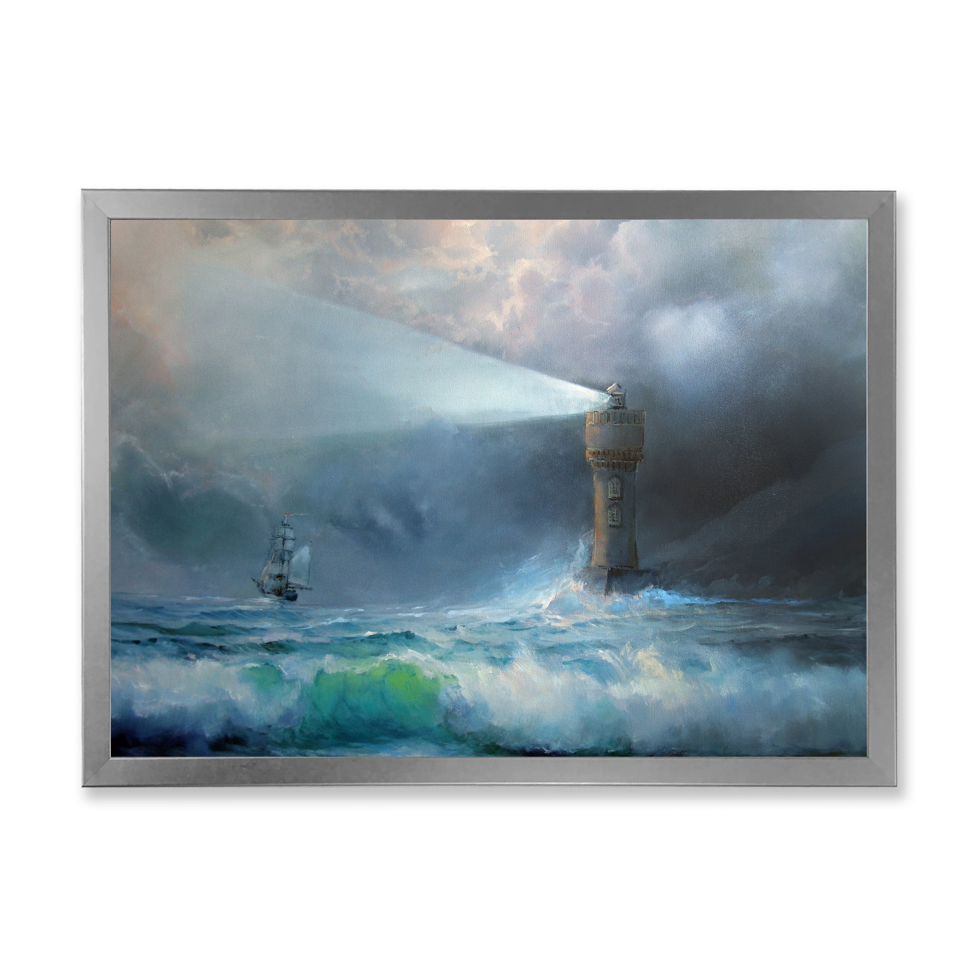 Lighthouse Shining Light During Stormy Clouds Night II 40 in x 30 in Framed Painting Canvas Art Print, by Designart