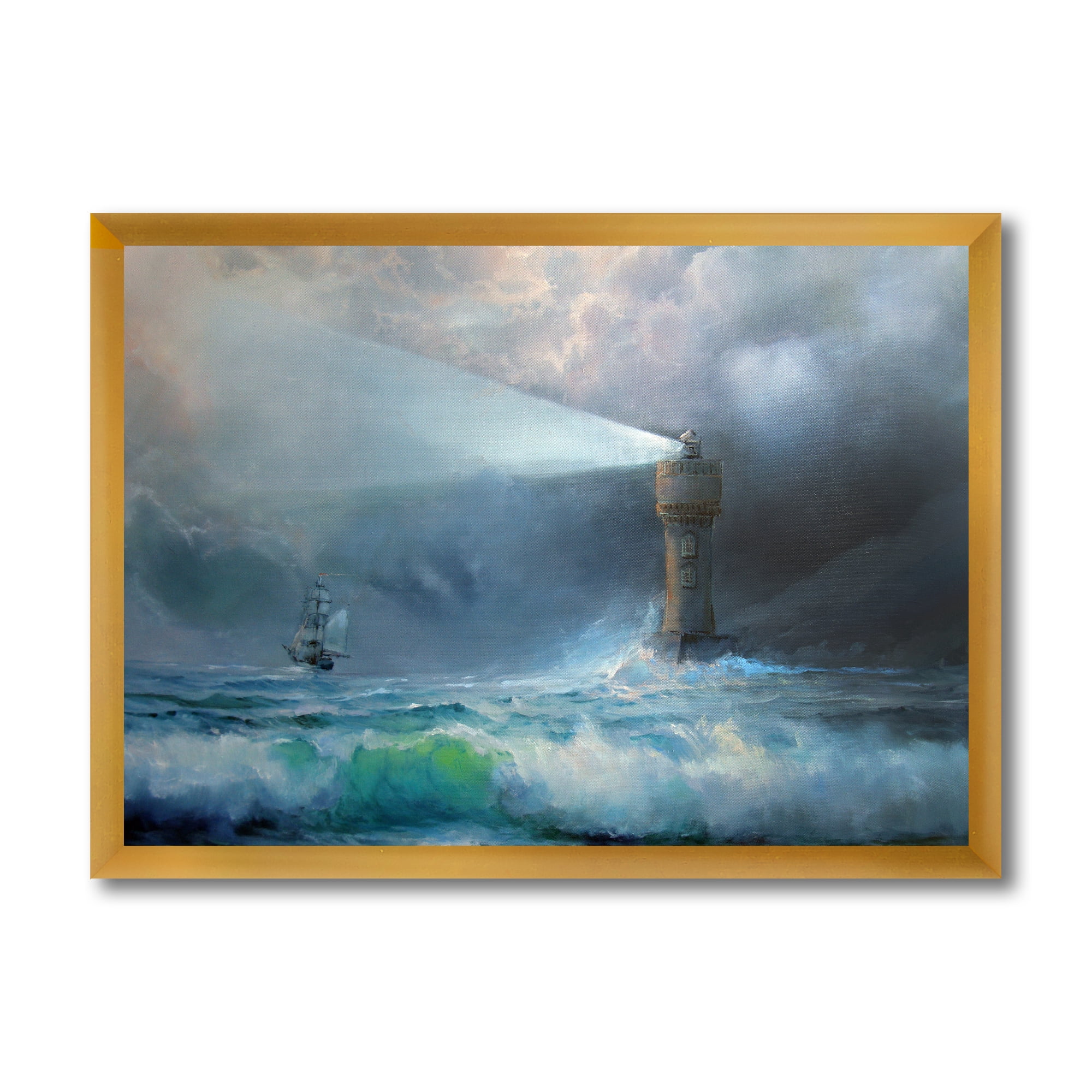 Lighthouse Shining Light During Stormy Clouds Night II 40 in x 30 in Framed Painting Canvas Art Print, by Designart