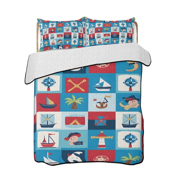 Lighthouse Ship Anchor Quilts Bedding Set King Size Cartoon Style Lightweight Quilted Bedspread 3 Piece Bed Quilt with 2 Pillow Shams All Season for Bedroom 90" x 96"