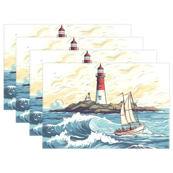 Lighthouse Ship Waves Island 12×18 inch Placemats Heat Resistant Washable Foldable Rectangular Placemats Set Decoration Indoor Outdoor for Kitchen Dining Table 1PC