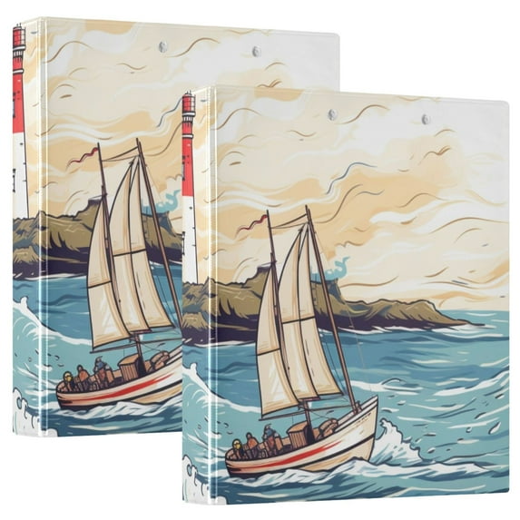 Lighthouse Ship Waves Island 3 Ring Binders 1.5 inch Hardcover File Folders with Interior Pockets A4 Size Organizer for School Office Hospital Set of 2