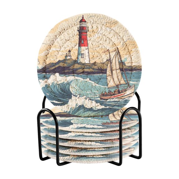 Lighthouse Ship Waves Island 6 Pcs Drink Coasters with Holder Absorbent Coasters Woven Coasters for Drinks Table Desk Protection Home Decor