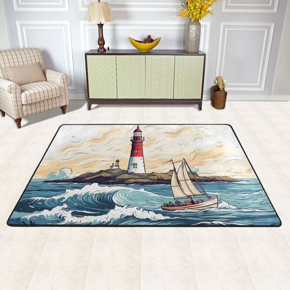 Lighthouse Ship Waves Island Area Rug Washable 72 x 48 Floor Carpet Mat Non Slip for Bedroom Living Room Kids Room Home Decor