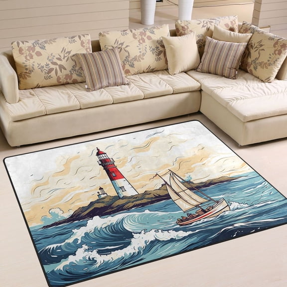 Lighthouse Ship Waves Island Area Rug Washable 80 x 58 Floor Carpet Mat Non Slip for Bedroom Living Room Home Decor
