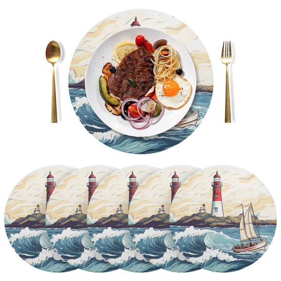 Lighthouse Ship Waves Island Black Round Placemats Plate Mats 15 Inch Non-Slip Heat Resistant Washable PVC Set Indoor for Kitchen Dining Table 4PCs