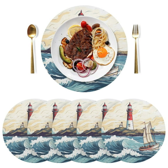 Lighthouse Ship Waves Island Black Round Placemats Plate Mats 15 Inch Non-Slip Heat Resistant Washable PVC Set Indoor for Kitchen Dining Table 6PCs