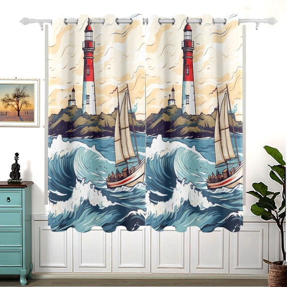 Lighthouse Ship Waves Island Blackout Curtain Panels 63x55in Drapes Privacy Assured for Living room Bedroom Bathroom 2 panels set