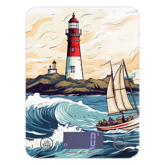 Lighthouse Ship Waves Island Food Scale Digital Kitchen Scale Waterproof Tempered Glass Tare Function 11 lb for Baking Cooking Meal Prep