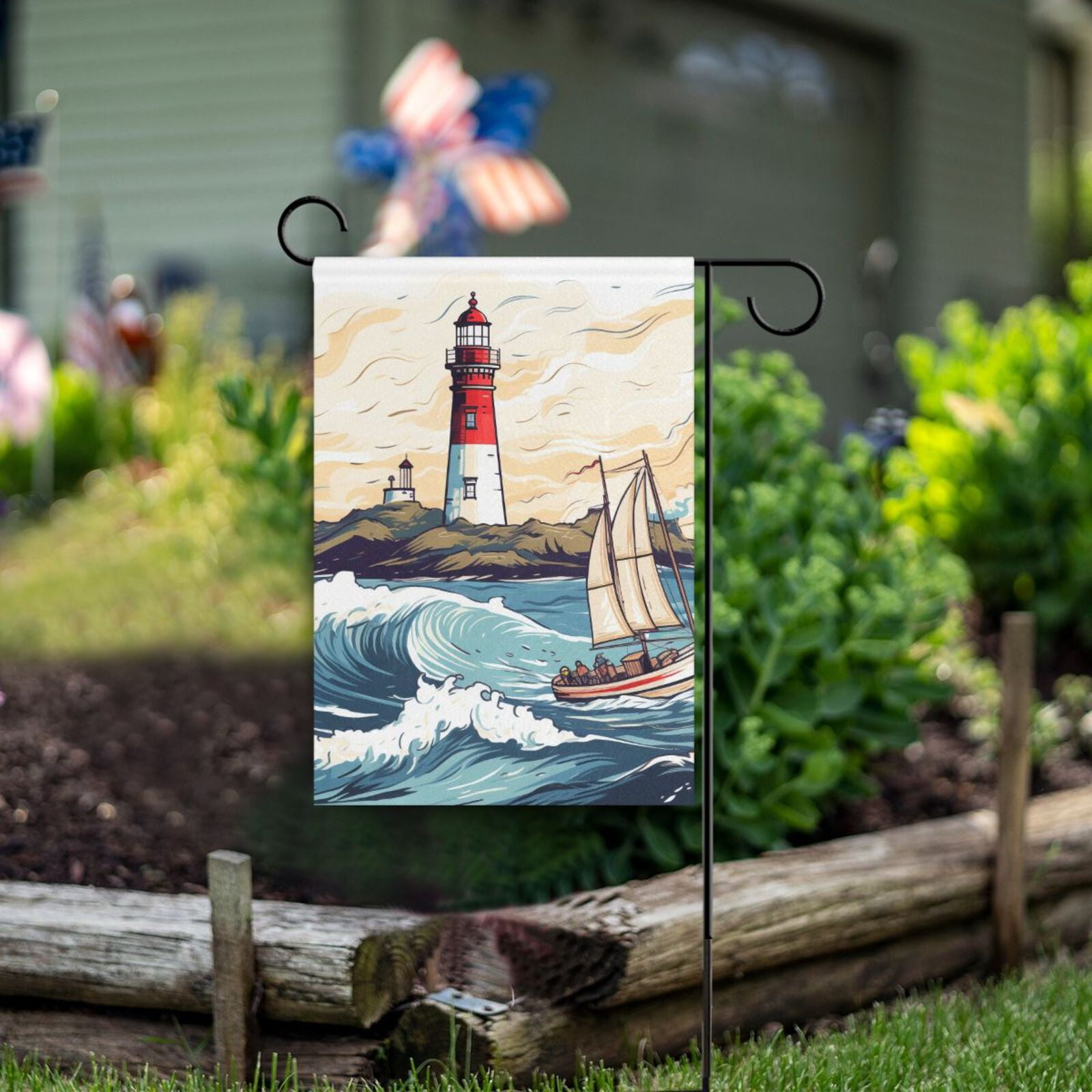 Lighthouse Ship Waves Island Garden Flag Double Sided Outdoor Banners