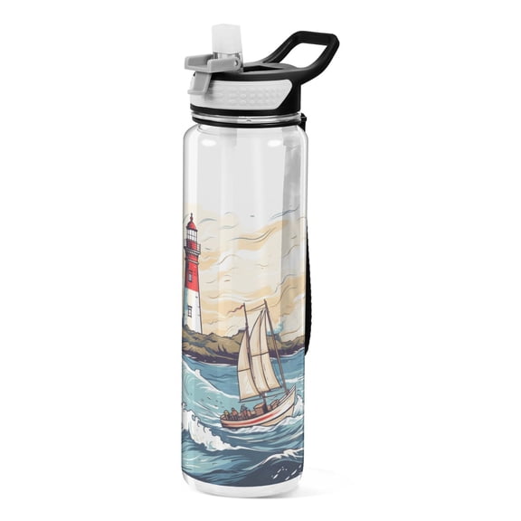 Lighthouse Ship Waves Island Sports Water Bottle Portable Travel Mug 32oz BPA Free Leak Proof Straw Transparent Tritan for Gym Yoga Cycling Camping