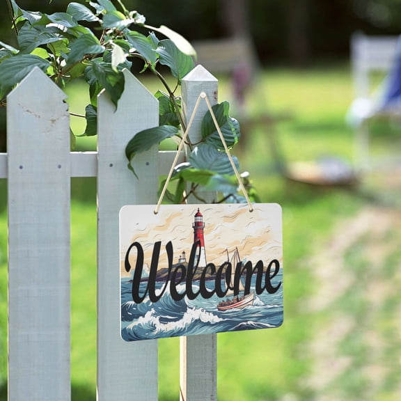 Lighthouse Ship Waves Island Welcome Sign for Front Door Porch Wreath Door Sign Home Decoration Rustic Farmhouse Style