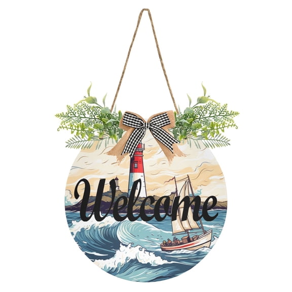 Lighthouse Ship Waves Island Welcome Sign for Front Door Wreath Door Sign for Farmhouse Porch Decoration Indoor Outdoor