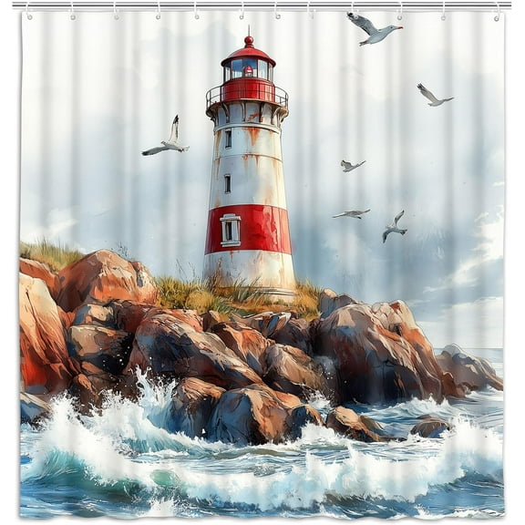 Lighthouse Shower Curtain Blue Ocean Coastal Bathroom Decor Set Sailboat Nautical Seascape Bath Curtain Sea Beach Modern Bathroom Accessories, 72X72IN