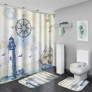4 Piece Lighthouse Oceans Shower Curtain Set with Blue Ocean Seagull Bathroom  Rugs Clearance Contour Floor Mat Toilet Lid Cover - AliExpress