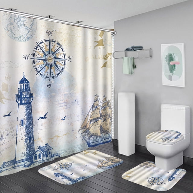 Lighthouse Shower Curtain Coastal Beach Shower Curtain with Rug Set ...