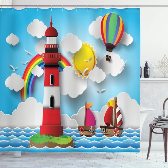 Lighthouse Shower Curtain, Kids Coast with Sailboats Sun Rainbow Hot Air Balloon Clouds Playroom Cartoon, Fabric Bathroom Set with Hooks, 69W X 84L Inches Extra Long, Multicolor, by Ambesonne