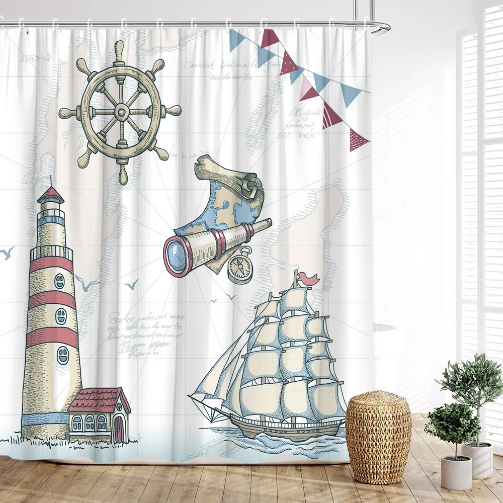 Lighthouse Shower Curtain Nautical Anchor Ocean Sailboat Waves Rudder