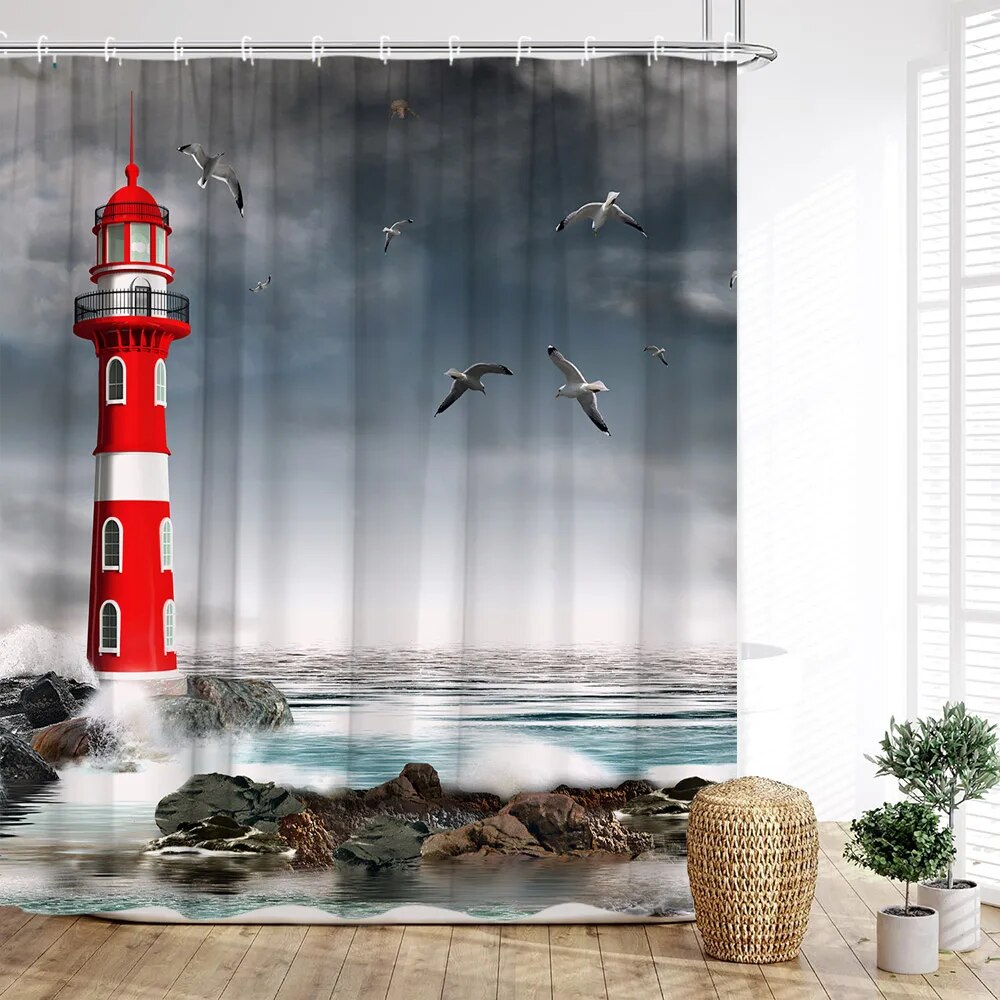 Lighthouse Shower Curtain Nautical Anchor Ocean Sailboat Waves Rudder