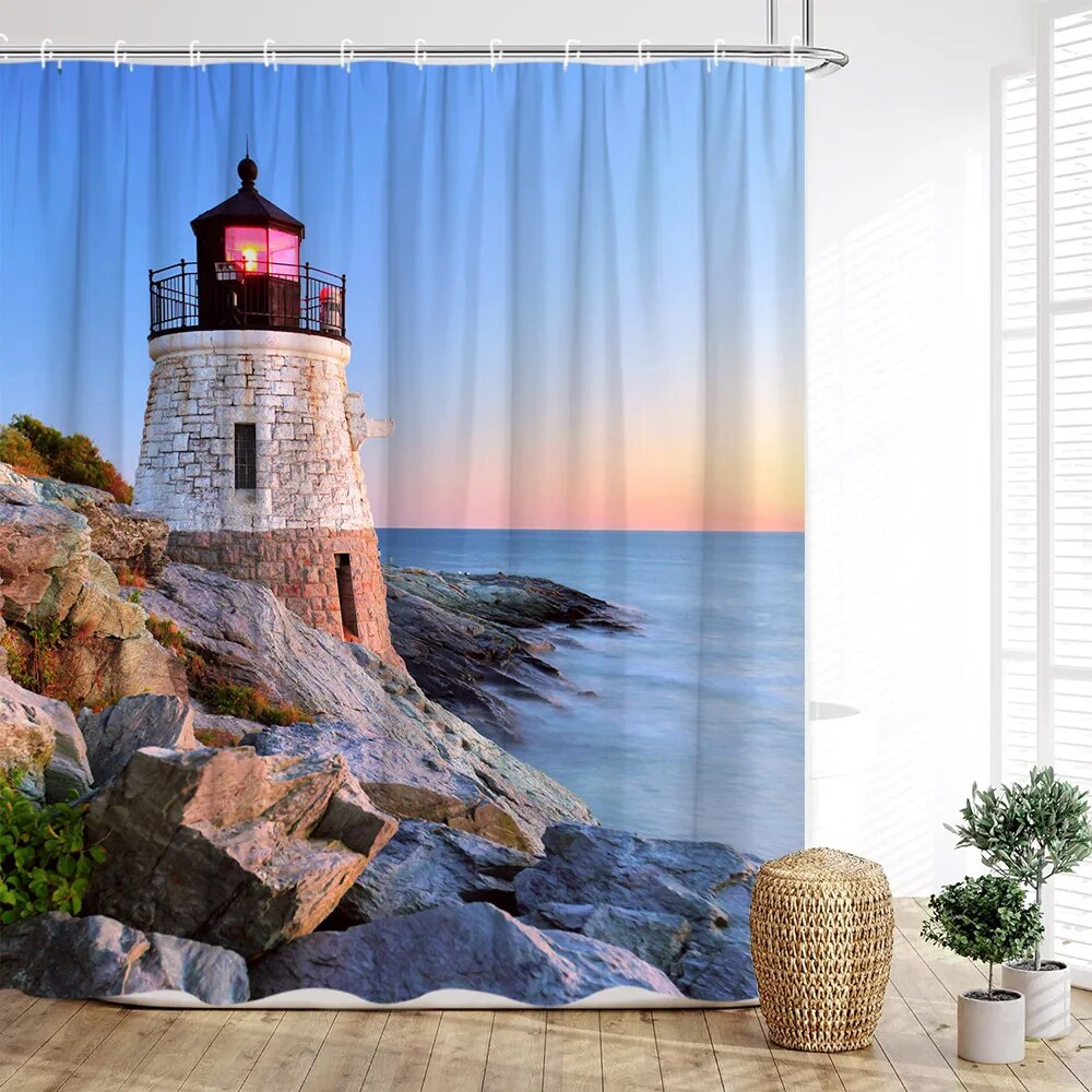 Lighthouse Shower Curtain Nautical Anchor Ocean Sailboat Waves Rudder