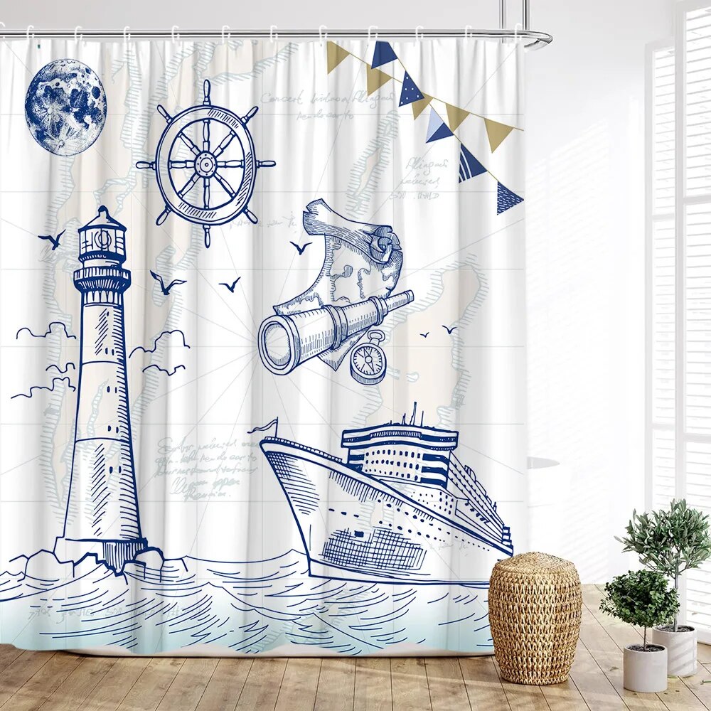 Lighthouse Shower Curtain Nautical Anchor Ocean Sailboat Waves Rudder