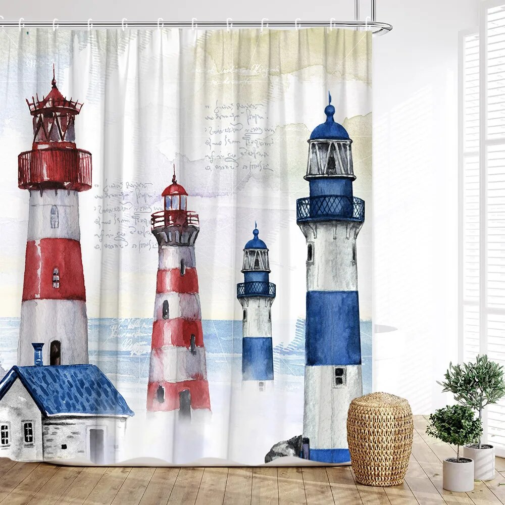 Lighthouse Shower Curtain Nautical Anchor Ocean Sailboat Waves Rudder