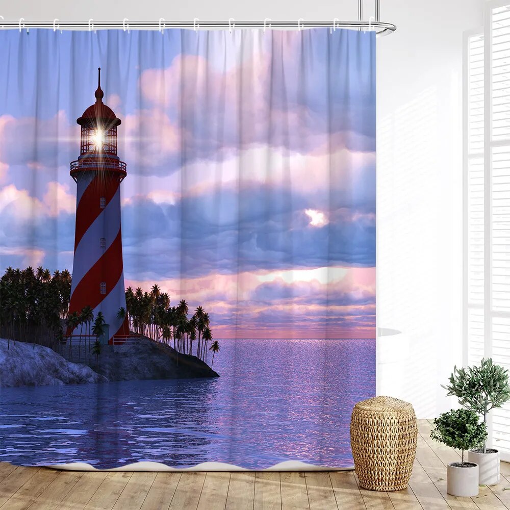 Lighthouse Shower Curtain Nautical Anchor Ocean Sailboat Waves Rudder
