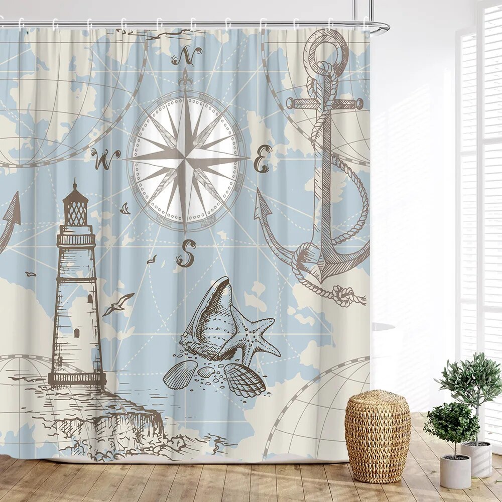 Lighthouse Shower Curtain Nautical Anchor Ocean Sailboat Waves Rudder