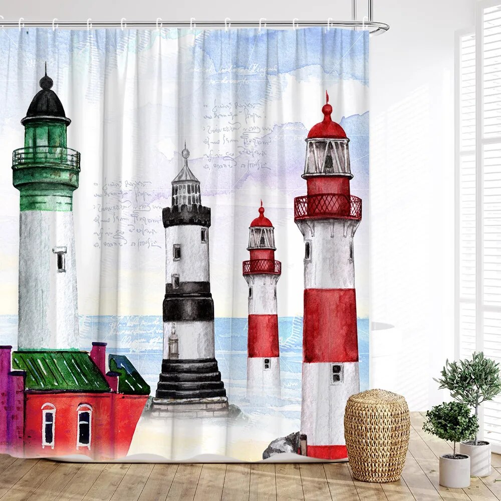 Lighthouse Shower Curtain Nautical Anchor Ocean Sailboat Waves Rudder