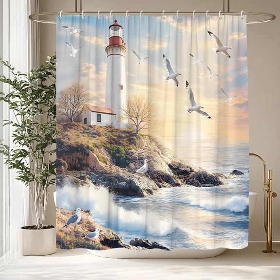 Lighthouse Shower Curtain Nautical Coastal Beach Ocean Wave Seagull Seasides Vintage Hawaiian Sunrise Sunset Seascape Decorative Curtain with Polyester Fabric-60"W x 72"L (Pack of 1)