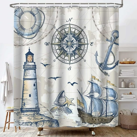 Lighthouse Shower Curtain , Nautical Theme Bathroom Decor Sailboat Sailboat Compass Shower Curtains for Bathroom Fabric Bath Accessories 12 Pack Hooks 69x70inch