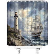 Lighthouse Shower Curtain Ocean Beach Coastal Sailboat Seagull Sea Wave Nautical Seascape Fabric Bathroom Decor Set-36"W x 72"L (Pack of 1)
