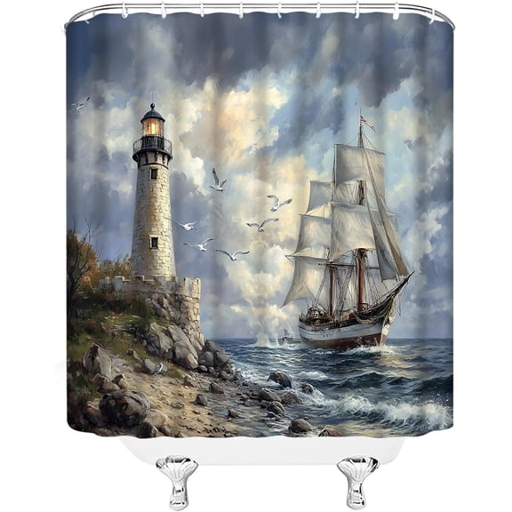 Lighthouse Shower Curtain Ocean Beach Coastal Sailboat Seagull Sea Wave Nautical Seascape Fabric Bathroom Decor Set-36"W x 72"L (Pack of 1)