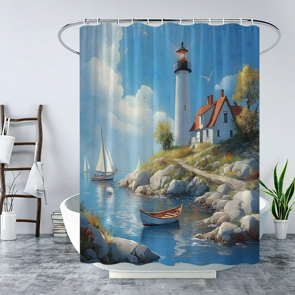 Lighthouse Shower Curtain Ocean Beach Sunrise Nautical Seascape Coastal Beach Seasides Sailboat Coastal Polyester Fabric Bath Decorative Curtain-72"W x 74"L (Pack of 1)