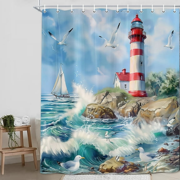 Lighthouse Shower Curtain - Ocean Waves with Seagulls & Sailboats, Nautical Cottage Bathroom Decor, Washable Fabric with Hooks 72x84 Inches