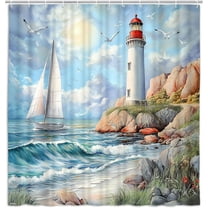 Lighthouse Shower Curtain with Sailboat Nautical Seascape, Blue Ocean Bathroom Decor, Cloth Fabric Bathroom Decor Set with Hooks Coastal Sea Theme Bathroom Accessories, 47X64IN