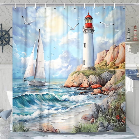 Lighthouse Shower Curtain with Sailboat Nautical Seascape, Blue Ocean Bathroom Decor, Cloth Fabric Bathroom Decor Set with Hooks Coastal Sea Theme Bathroom Accessories-60"W x 72"L (Pack of 1)