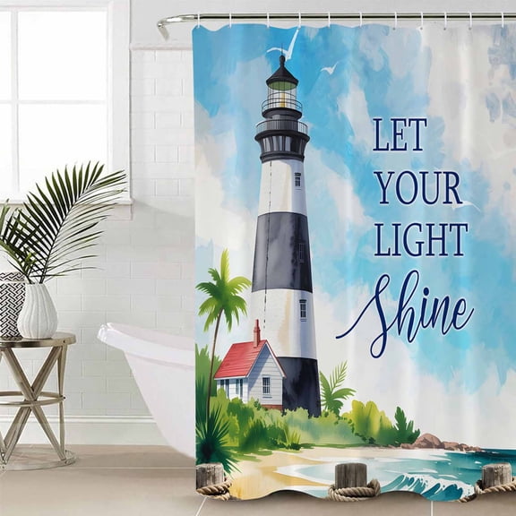 Lighthouse Shower Curtain Set, Waterproof Shower Curtains for Bathroom, Blue Coastal Nautical Ocean Beach Palm Tree Washable Fabric Cloth Bath Curtain for Bathtub Decoration with Hooks 48x72 Inches