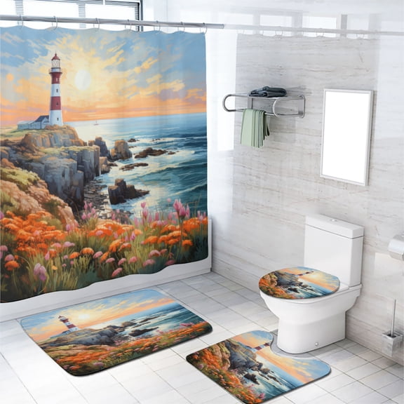 Lighthouse Shower Curtain Sets with Non-Slip Rug Coastal Reef Wave Nautical Tower Cabin Flowers with Toilet Lid Cover, Bath Mat, Shower Curtains for Bathroom Rug Set, 72x72 Inch