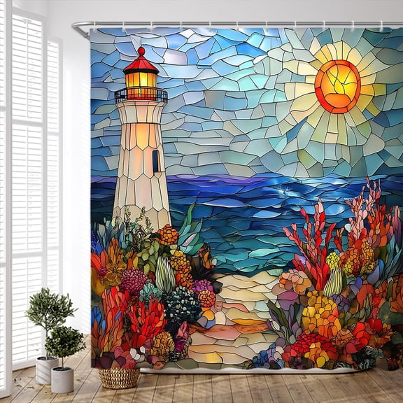 Lighthouse Shower Curtain Stained Glass Beach Coastal Coral Ocean Modern Bathroom Curtains Polyester Fabric Set with Hooks-72"W x 78"L (Pack of 1)