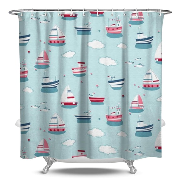 Lighthouse Shower Curtain Waterproof Fabric, Nautical Coastal Marine Sea Boat Waves Ocean Bathroom Shower Curtain with Plastic Hooks, Map Compass Coral Fishing Travel Pattern