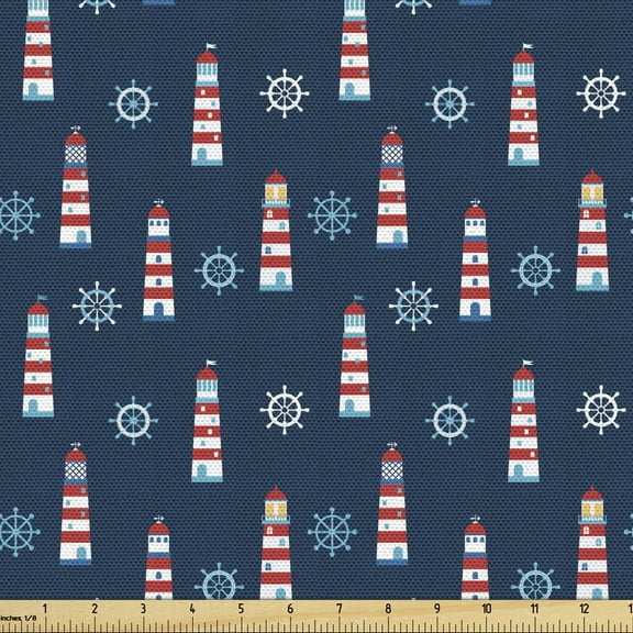 Ambesonne Lighthouse Fabric by the Yard Upholstery, Abstract Aqua Design, 3 Yards, Navy Blue Red White