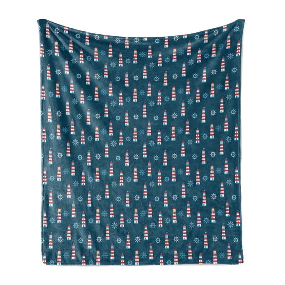 Lighthouse Soft Flannel Fleece Blanket, Abstract Helms Marine Navigation Towers Children Cartoon Style Pattern, Cozy Plush for Indoor and Outdoor Use, 60" x 80", Navy Blue Red White, by Ambesonne
