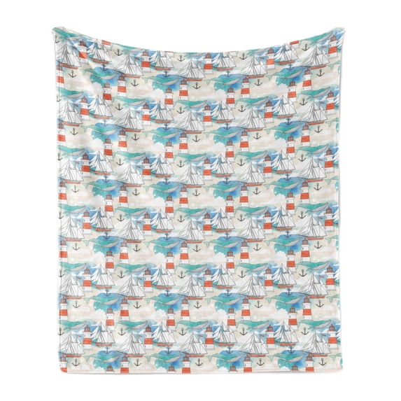 Lighthouse Soft Flannel Fleece Blanket, Abstract Whale Anchor and Boats Pattern Sky Inspired Background Nautical Design, Cozy Plush for Indoor and Outdoor Use, 50" x 70", Multicolor, by Ambesonne