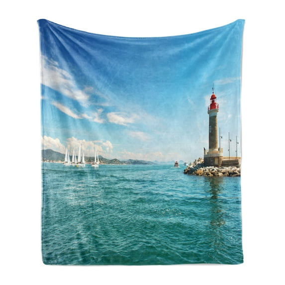 Lighthouse Soft Flannel Fleece Blanket, Day by the Seaside Sailboats Lighthouse Rocks Clear Sea Clouds Island Seascape, Cozy Plush for Indoor and Outdoor Use, 60" x 80", Multicolor, by Ambesonne