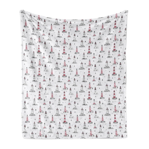 Lighthouse Soft Flannel Fleece Blanket, Notebook Pattern with Nautical Elements Seagulls and Anchors Doodle Style, Cozy Plush for Indoor and Outdoor Use, 50" x 60", Pink Lilac Black, by Ambesonne