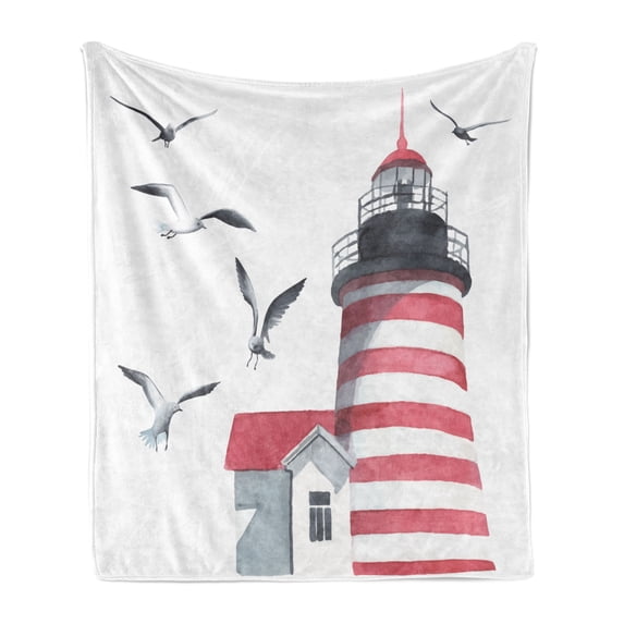 Lighthouse Soft Flannel Fleece Blanket, Lighthouse and Seagulls on the Beach Navigational Aid Seaside Waterways Art, Cozy Plush for Indoor and Outdoor Use, 60" x 80", Red Grey White, by Ambesonne