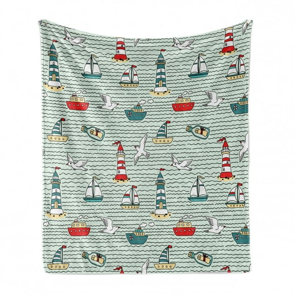 Lighthouse Soft Flannel Fleece Blanket, Seagulls Lighthouses Message Bottles Steamboats Sailboats Wavy Pattern Nautical, Cozy Plush for Indoor and Outdoor Use, 50" x 60", Multicolor, by Ambesonne