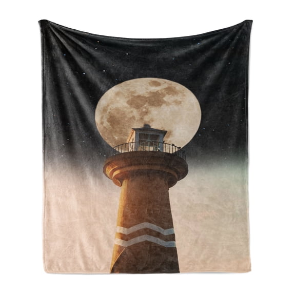 Lighthouse Soft Flannel Fleece Throw Blanket, Abstract Vintage Scene of the Tower on Half Night Half Morning, Cozy Plush for Indoor and Outdoor Use, 50" x 70", Beige Charcoal Grey Umber, by Ambesonne