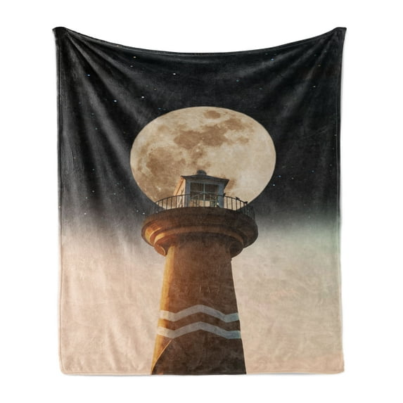 Lighthouse Soft Flannel Fleece Throw Blanket, Abstract Vintage Scene of the Tower on Half Night Half Morning, Cozy Plush for Indoor and Outdoor Use, 70" x 90", Beige Charcoal Grey Umber, by Ambesonne