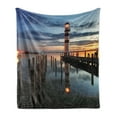 thumbnail image 1 of Lighthouse Soft Flannel Fleece Throw Blanket, Calm Dusk at Bay Lighthouse and Wooden Boardwalk Reflections on Water Clouds, Cozy Plush for Indoor and Outdoor Use, 60" x 80", Multicolor, by Ambesonne, 1 of 5